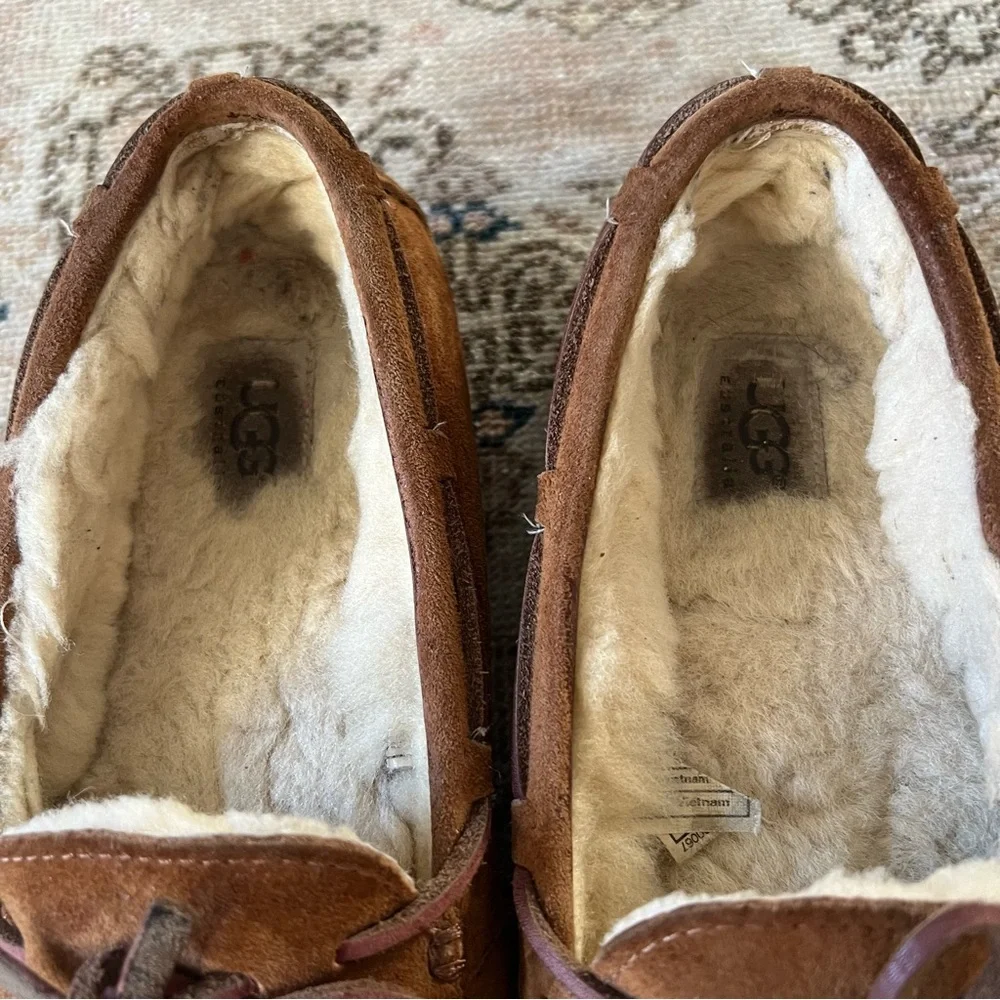 UGG Chestnut Brown Suede Moccasin Slippers with Shearling Lining - Picture 3 of 7